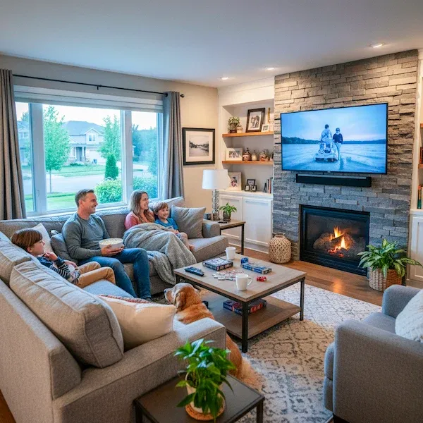 a family watching tv in their living room